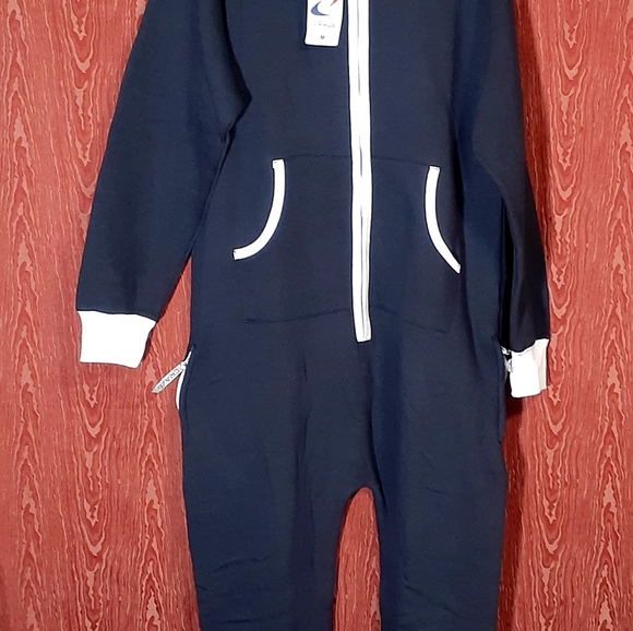 CRACE UNISEX JUMPSUIT PAJAMA HOODED LONG SLEEVE 2 POCKETS DARK BLUE/WHITE SIZE M - Picture 2 of 9